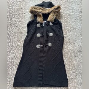 Bongo Y2K Black Cable Knit Vest Faux Fur Hood, Toggle Clasps and snap buttons